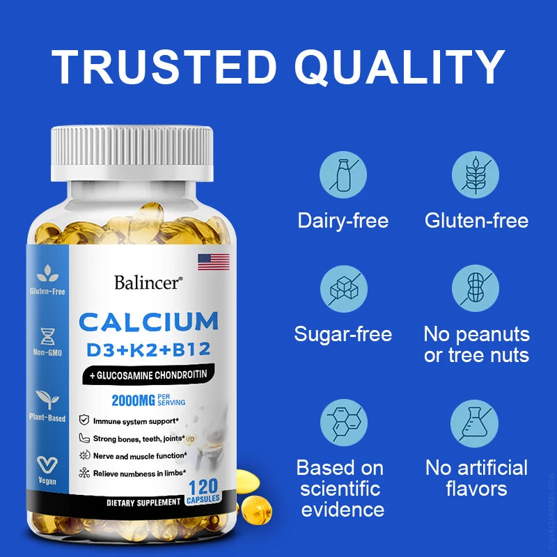 Calcium + Vitamins D3, K2 & B12 + Glucosamine Chondroitin - Supports Bone, Teeth & Muscle Health