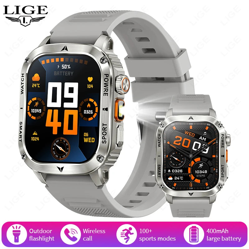 LIGE 2025 New Outdoor Flashlight Smart Watch Men 2.01” HD Screen 400mAh Bluetooth Call IP68 Waterproof Health Monitor Smartwatch