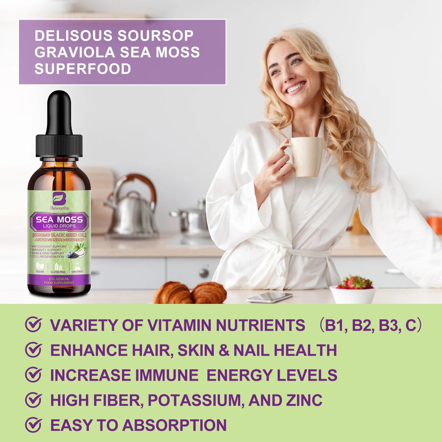 BEWORTHS Sea MOSS& Soursop Graviola Extract Drops Support Immunity and Kidney Health, Promote Digestion and Antioxidation