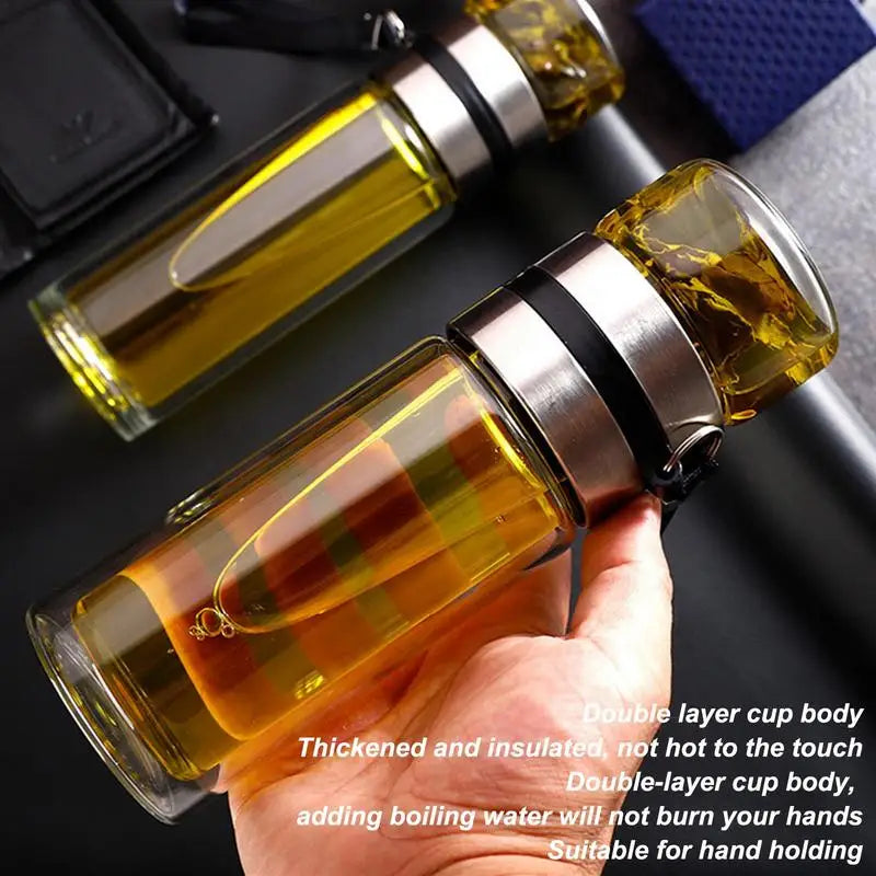 Glass Tea Infuser Bottle Leak-Proof Travel Mug Double Wall Tea Cup Portable Infuser Water Bottle, Water Separation Tea Bottle
