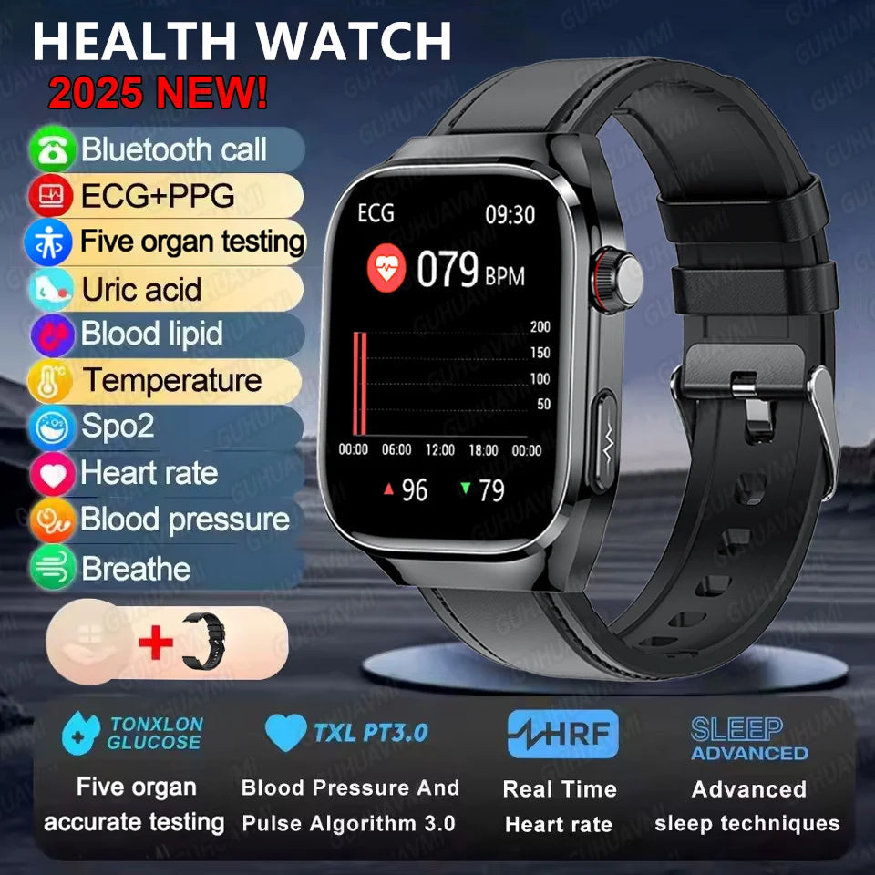 2025New Accurate Blood Fat Uric Acid Smart Watch Men Micro Physical Examination Five Organ HealthClock Bluetooth Call Smartwatch