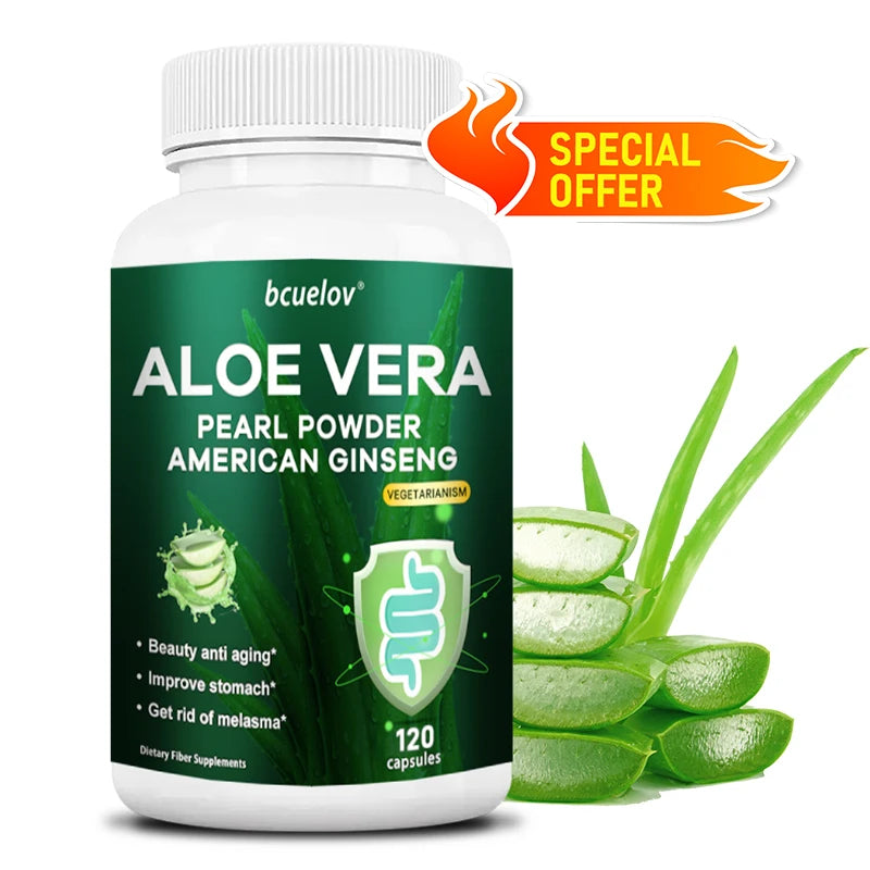 Aloe Vera Extract with Pearl Powder and American Ginseng, Supports Powerful Fat Burning, Intestinal Digestion, 120 Capsules