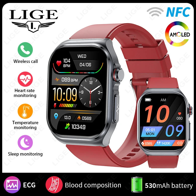 LIGE 2025 New Uric Acid Blood Lipid Body Fat Health Smartwatch Men Heart Rate Blood Pressure Monitor NFC Man Smart Watch ECG+PPG
