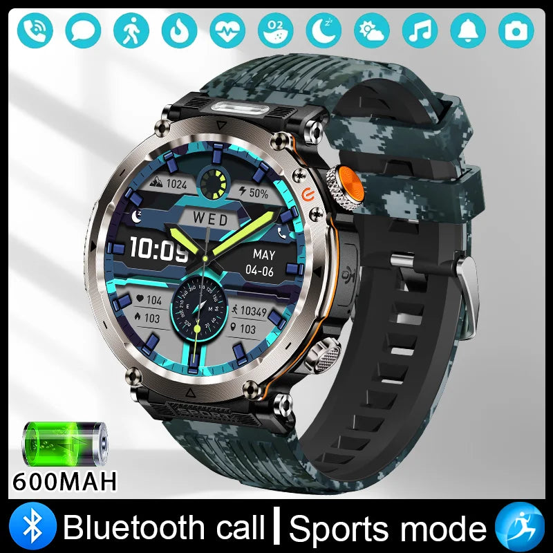 Military Outdoor Smart Watch Men 600 mAh Battery Portable Flashlight Watch 3ATM Waterproof Calling Smartwatch For Huawei Xiaomi
