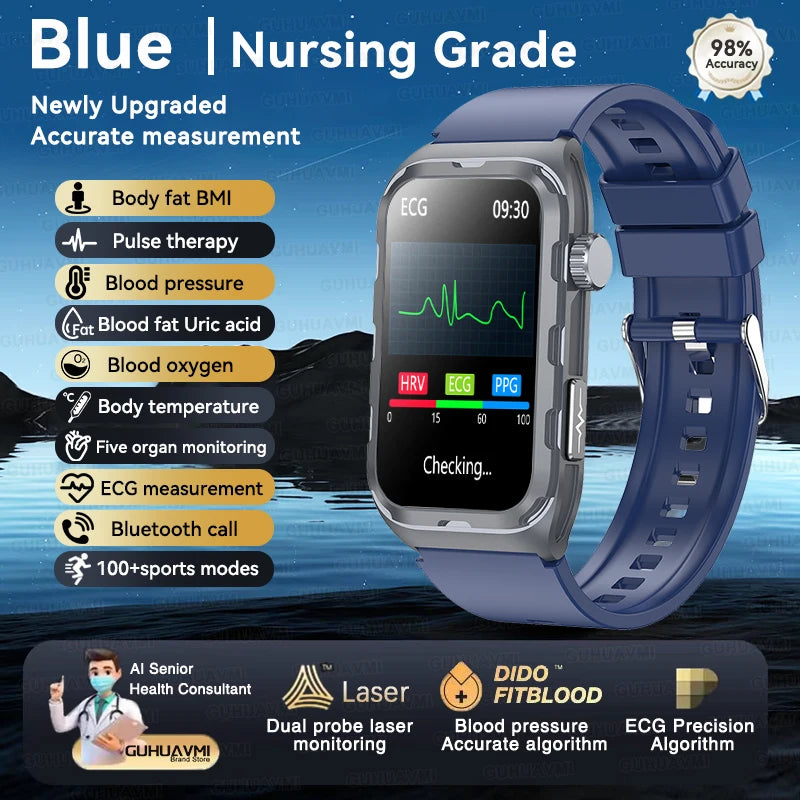 2025 New Nursing Grade ECG+PPG Pulse therapy Smartwatch Men Blood lipid Uric acid Bluetooth call Health Bracelet For Android iOS