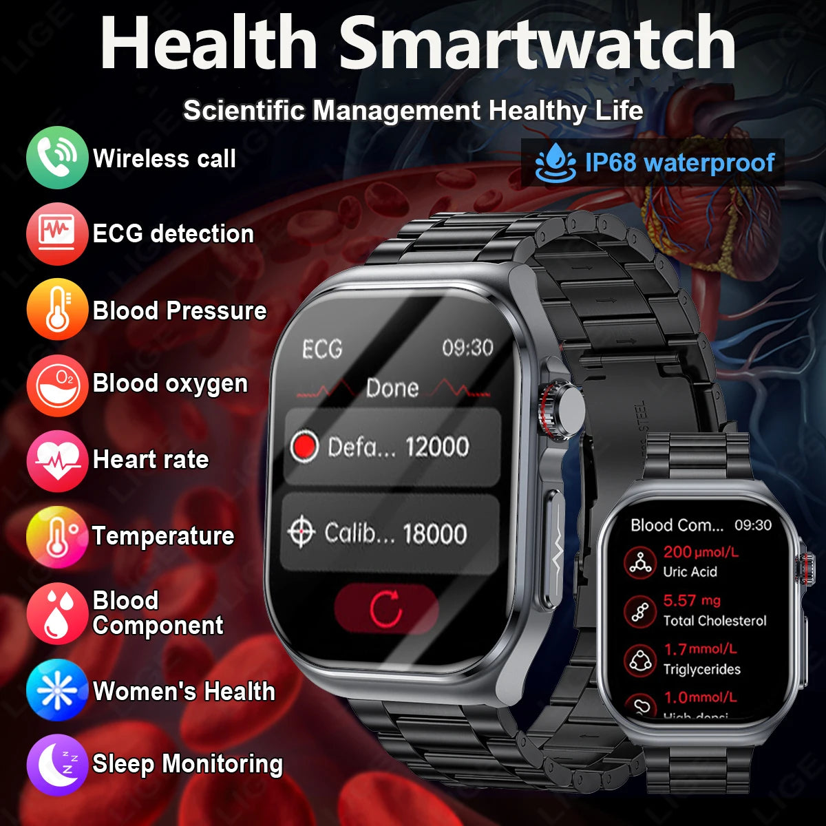LIGE 2025 New Uric Acid Blood Lipid Body Fat Health Smartwatch Men Heart Rate Blood Pressure Monitor NFC Man Smart Watch ECG+PPG