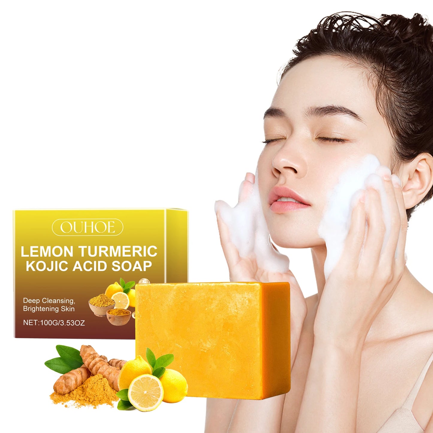 Lemon Turmeric Kojic Acid Soap Clean Facial Skin Improve Texture and Keep Skin Clean Dark Spot Remover Moist Bathing Facial Soap