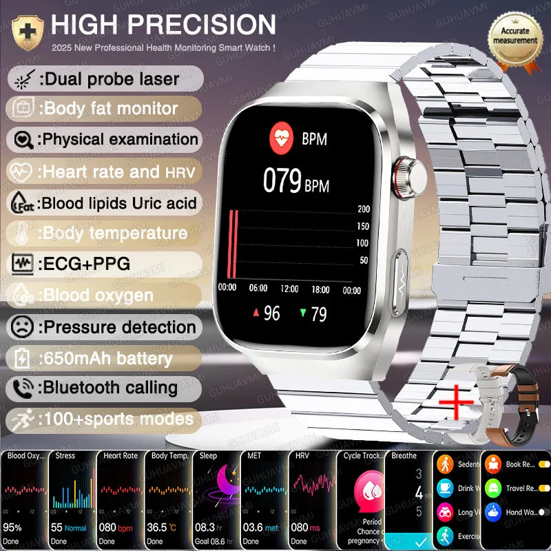 2025 AI Laser Diagnosis Health Smart Watches Men ECG+PPG Blood lipids Uric acid Heart Rate BP Sports Call Smartwatch For Xiaomi