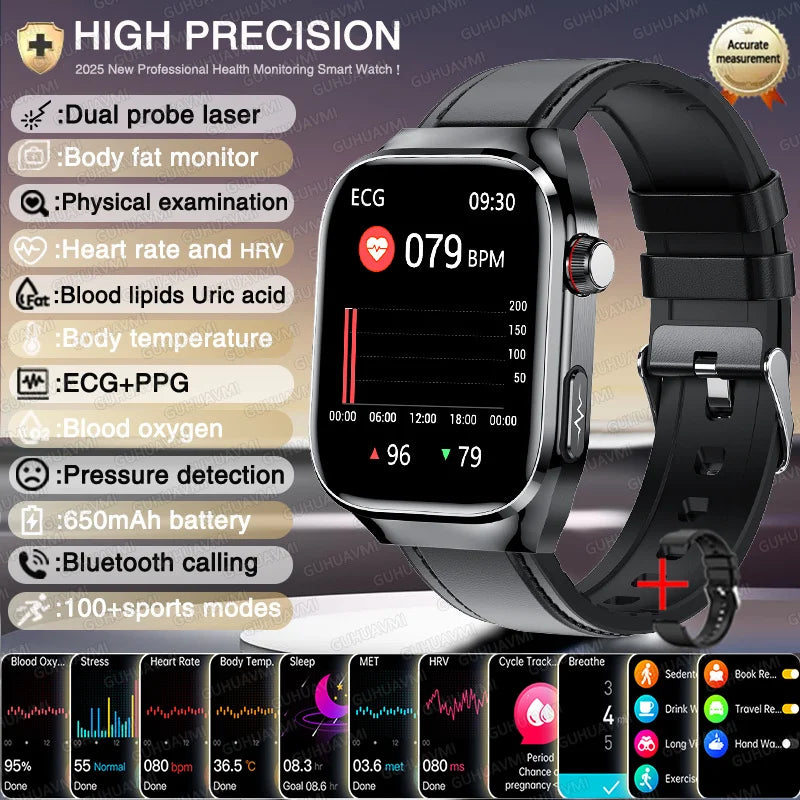 2025 AI Laser Diagnosis Health Smart Watches Men ECG+PPG Blood lipids Uric acid Heart Rate BP Sports Call Smartwatch For Xiaomi