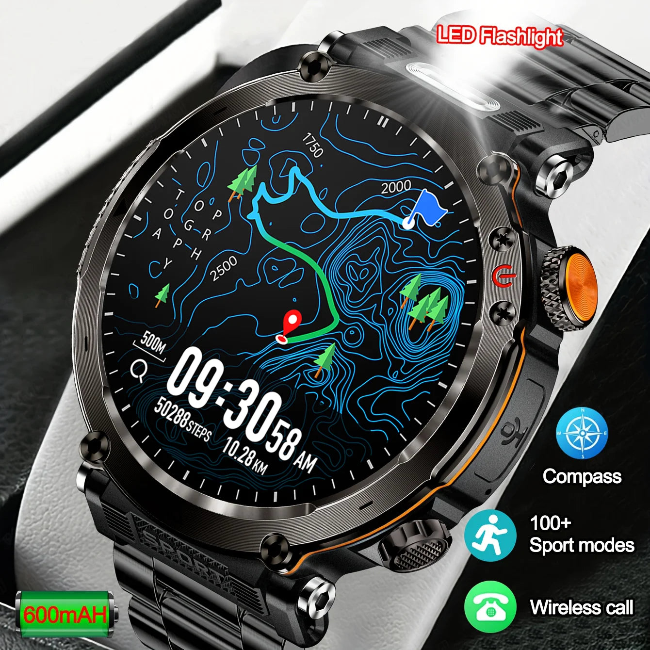 Military Outdoor Smart Watch Men 600 mAh Battery Portable Flashlight Watch 3ATM Waterproof Calling Smartwatch For Huawei Xiaomi
