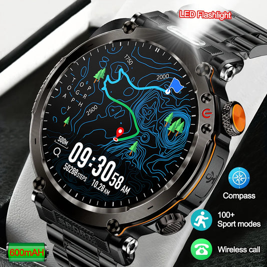 Military Outdoor Smart Watch Men 600 mAh Battery Portable Flashlight Watch 3ATM Waterproof Calling Smartwatch For Huawei Xiaomi