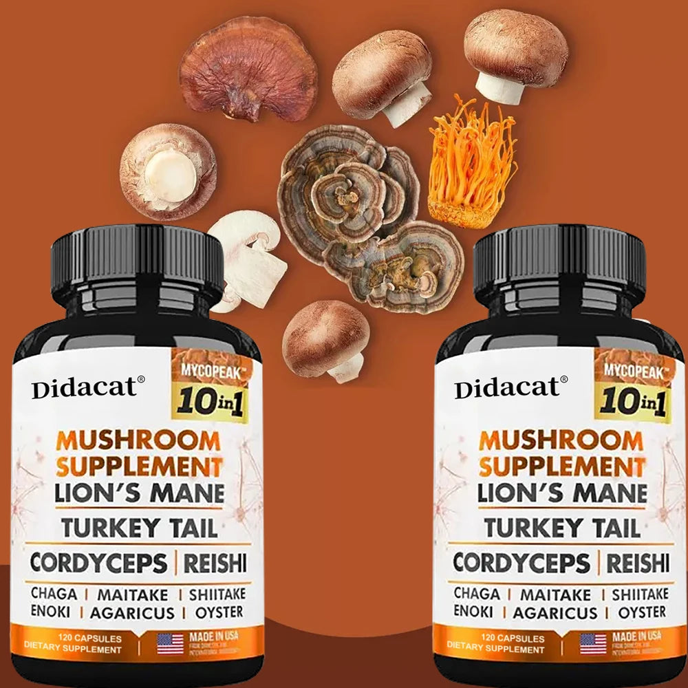 Mushroom Supplement 10x Complex - Lion's Mane, Turkey Tail, Cordyceps, Reishi - Memory & Focus, Brain Support Supplement