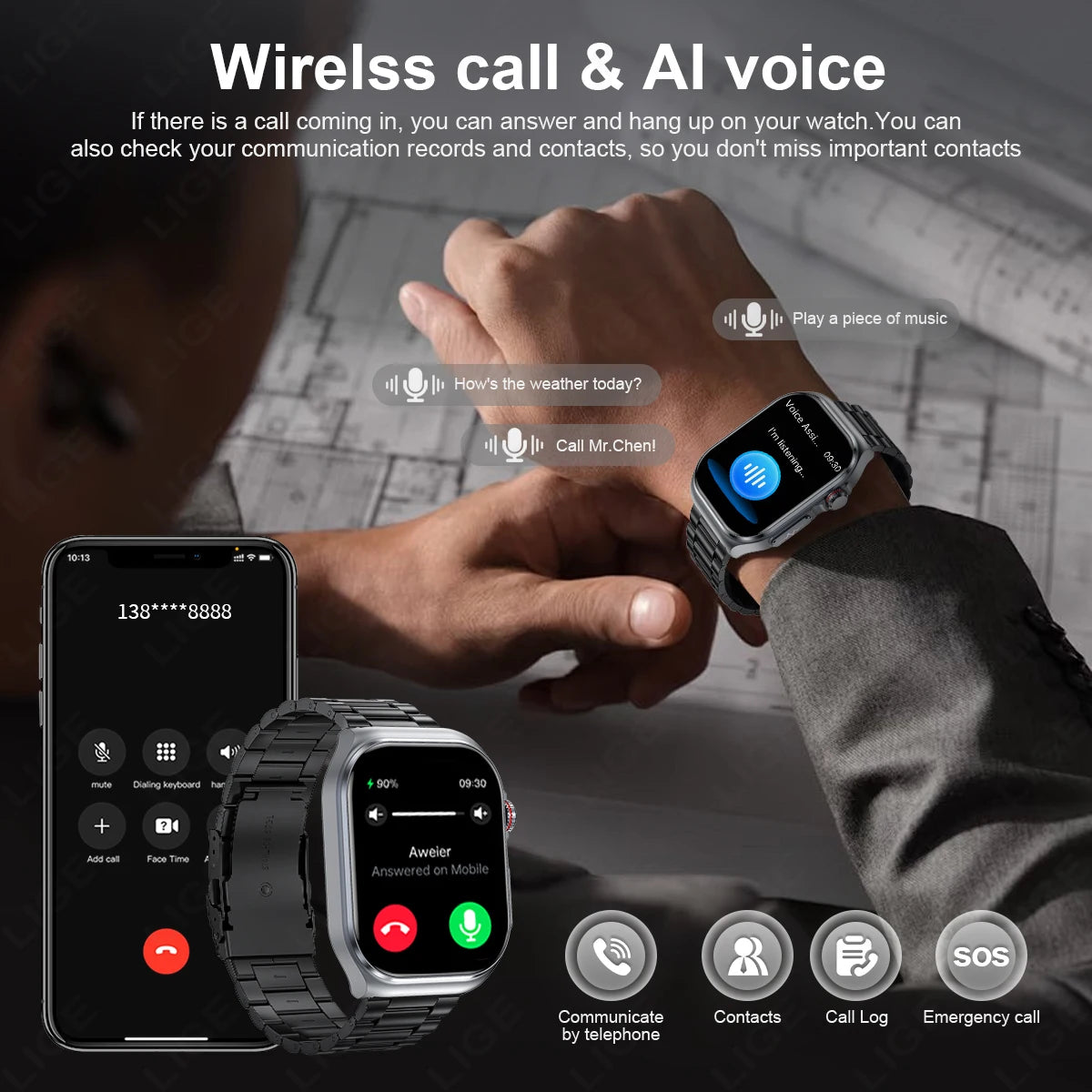 LIGE AMOLED Smart Watch ET585 Men ECG Blood Compositoin Health Monitoring Bluetooth Call Women Sports Fitness Tracker Smartwatch