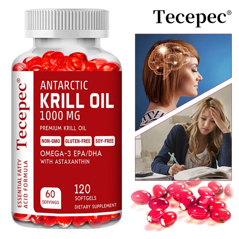 Antarctic Krill Oil 1000 Mg with Omega-3 EPA, DHA, Astaxanthin and Phospholipids for Heart, Brain and Skin Health Support