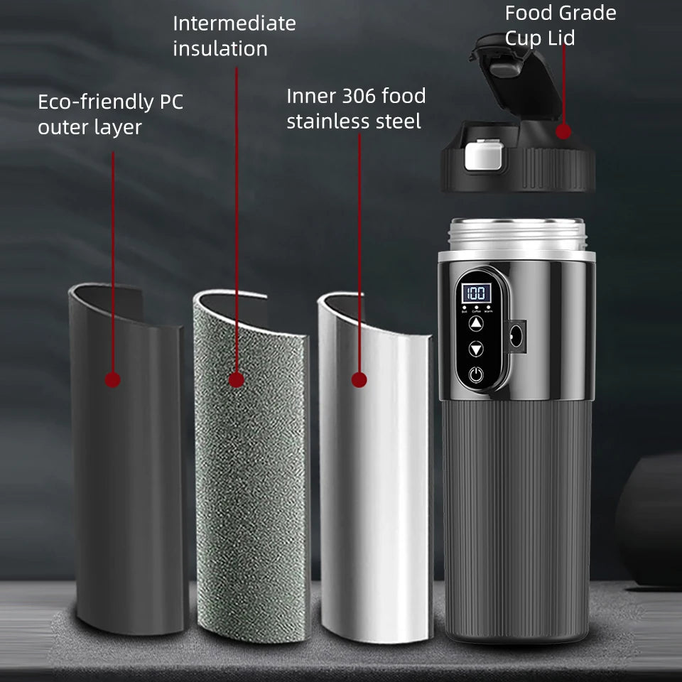 Portable 12V 24V Car Electric Heated Cup 500ml Smart Temperature Control Stainless Steel Touch Screen Insulated Thermos Cup For