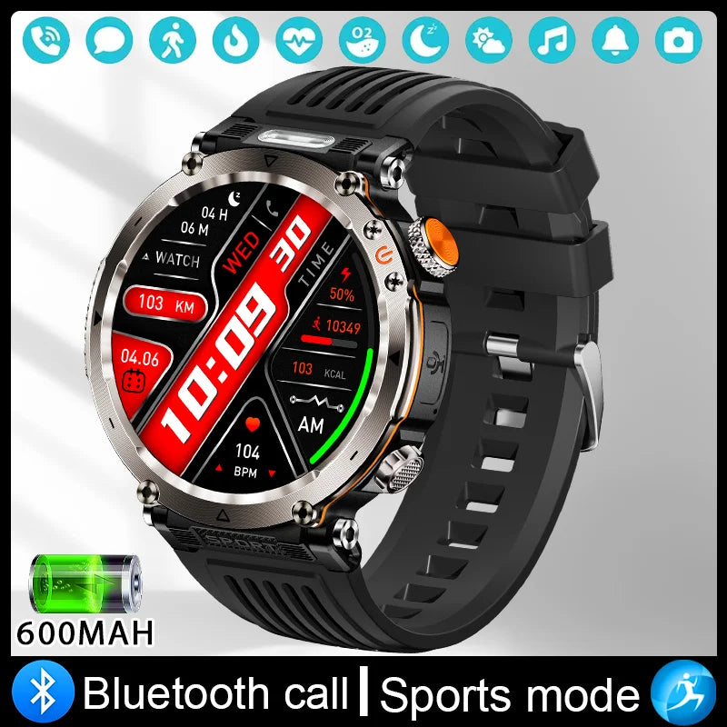 Military Outdoor Smart Watch Men 600 mAh Battery Portable Flashlight Watch 3ATM Waterproof Calling Smartwatch For Huawei Xiaomi