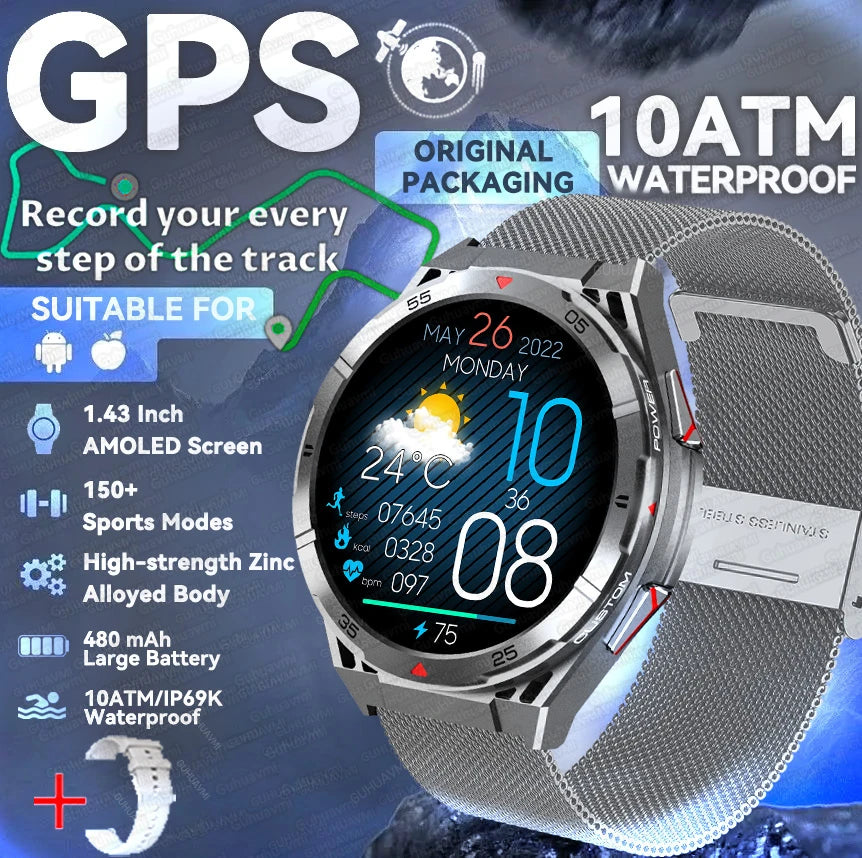 For HUAWEI GPS Sport Smart Watch Men 1.43 inch HD AMOLED Screen Compass Bluetooth Call Heart Rate Waterproof smart watch 2025New
