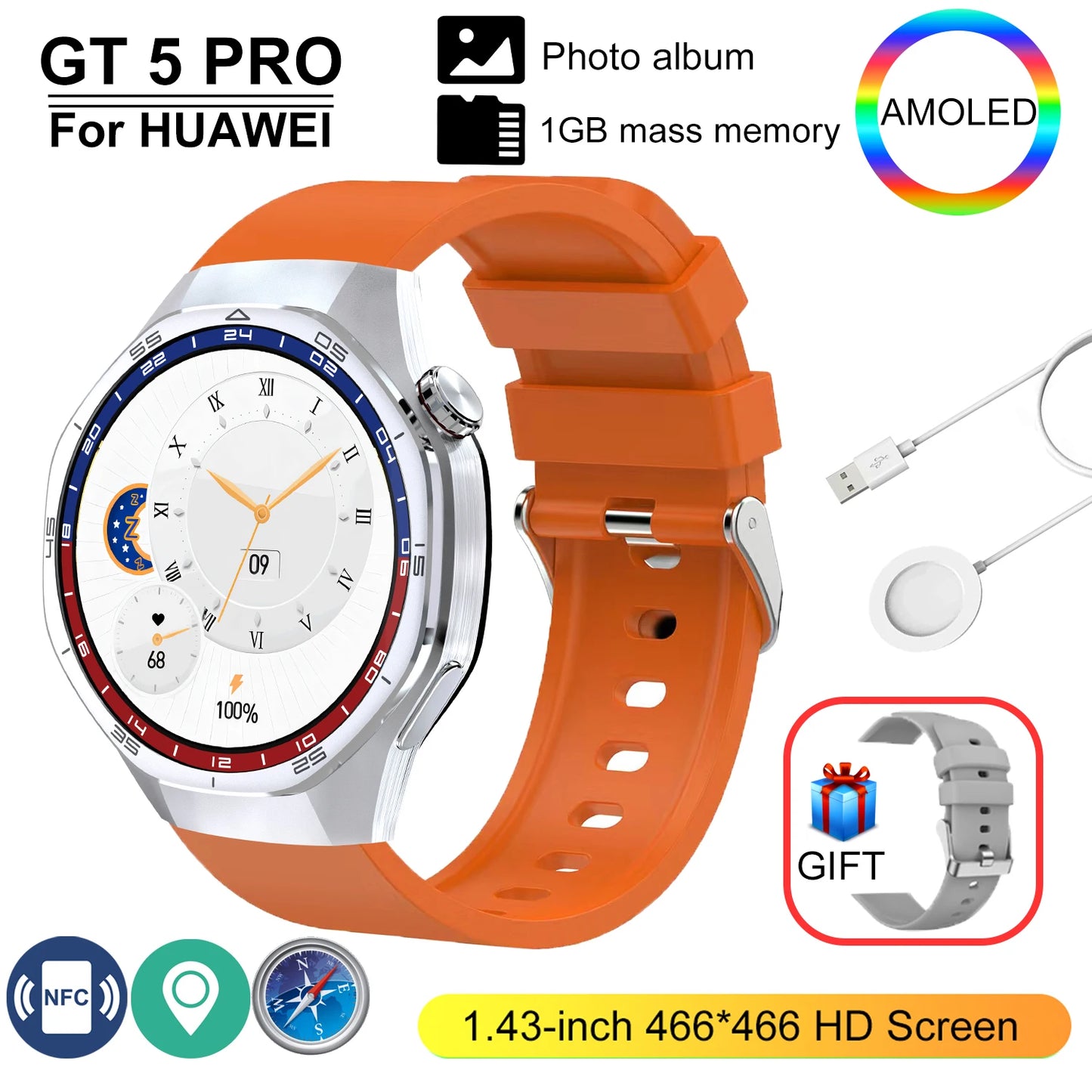GT 5 Pro 2025 New SmartWatch Men 466*466 HD Screen 24h Blood Pressure Monitoring Men's Women NFC GPS Outdoor Sports Smartwatch