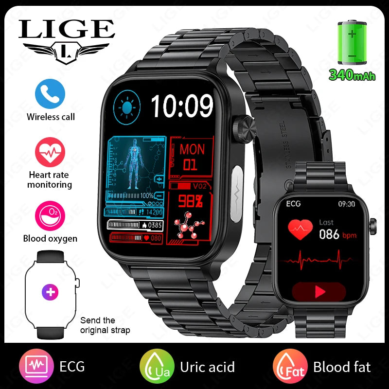 LIGE 2025 New ECG+PPG Smart Watch Men Blood Lipid Uric Acid Health Monitor Bluetooth Call Sleep Physical Health Smartwatch Women