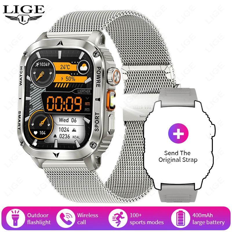 LIGE 2025 New Outdoor Flashlight Smart Watch Men 2.01” HD Screen 400mAh Bluetooth Call IP68 Waterproof Health Monitor Smartwatch