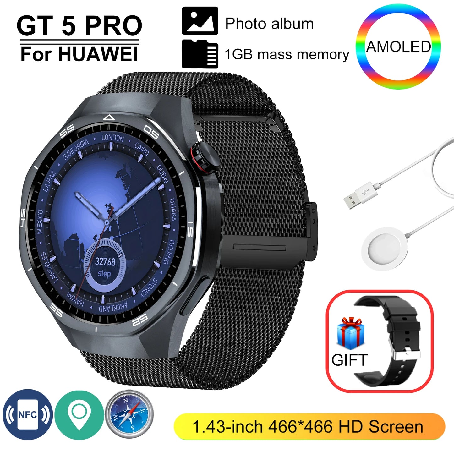 GT 5 Pro 2025 New SmartWatch Men 466*466 HD Screen 24h Blood Pressure Monitoring Men's Women NFC GPS Outdoor Sports Smartwatch