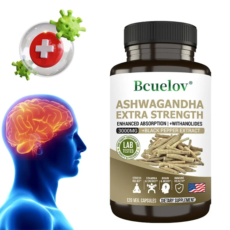 Ashwagandha Extract 3000 mg Root Anti-Stress Anxiety Supplement - Supports Better Sleep, Mood, Energy, 120 Capsules
