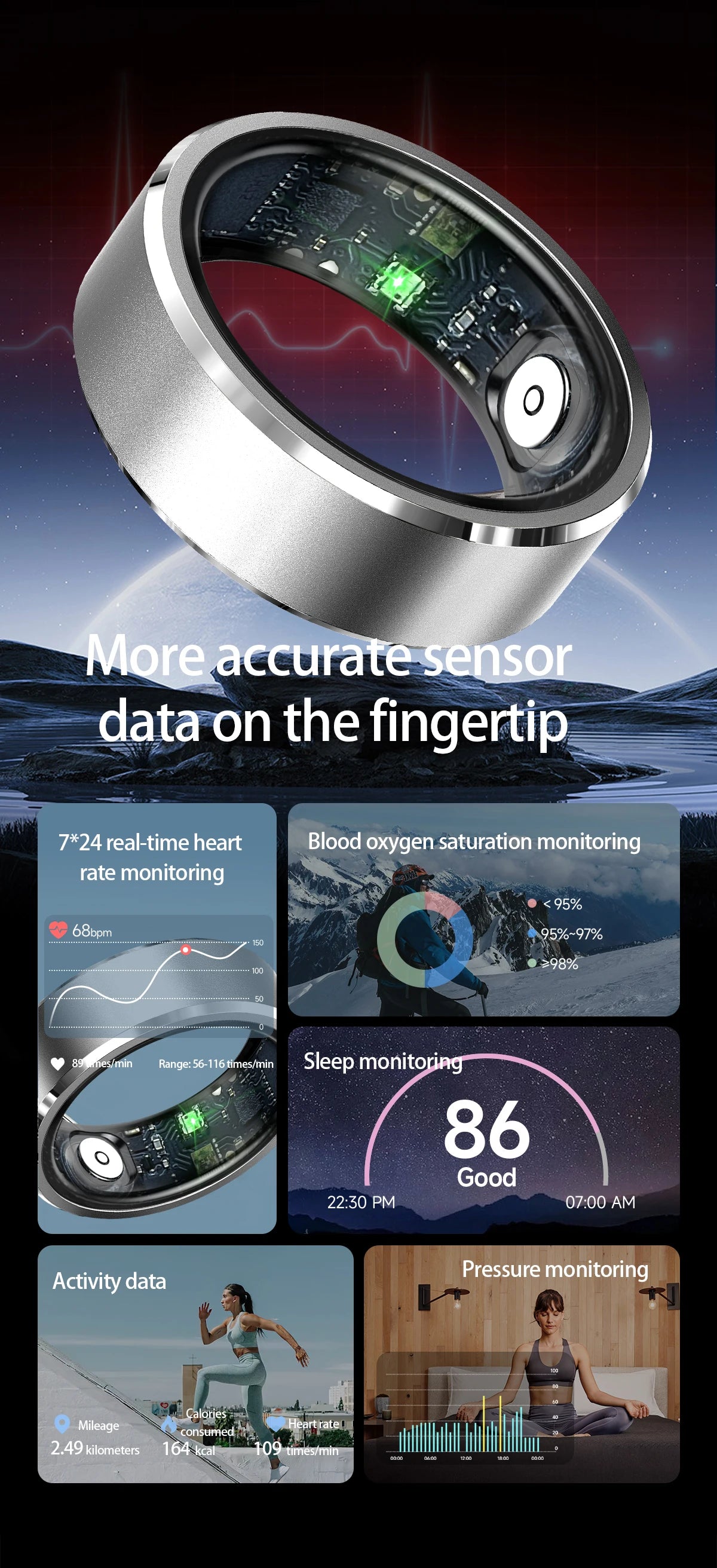 New Smart Fitness Ring with Gesture Control,Heart rate,Blood oxygen,Blood pressureSleep,Steps,Distance,Calories For Android IOS