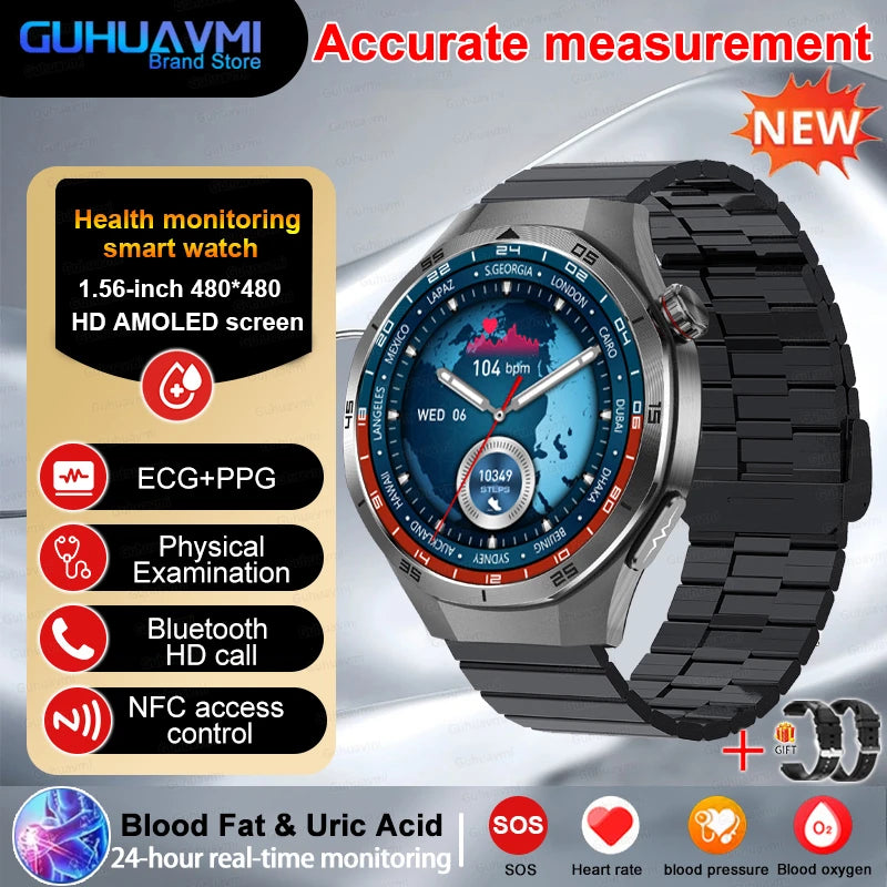 Professional Level NFC SmartWatch Blood Pressure Blood Lipid Uric Acid ECG+PPG Body Temperature Bluetooth Call Health Smartwatch