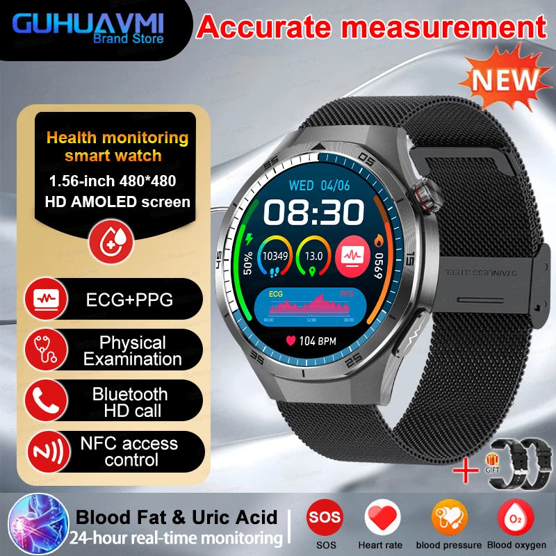 Professional Level NFC SmartWatch Blood Pressure Blood Lipid Uric Acid ECG+PPG Body Temperature Bluetooth Call Health Smartwatch