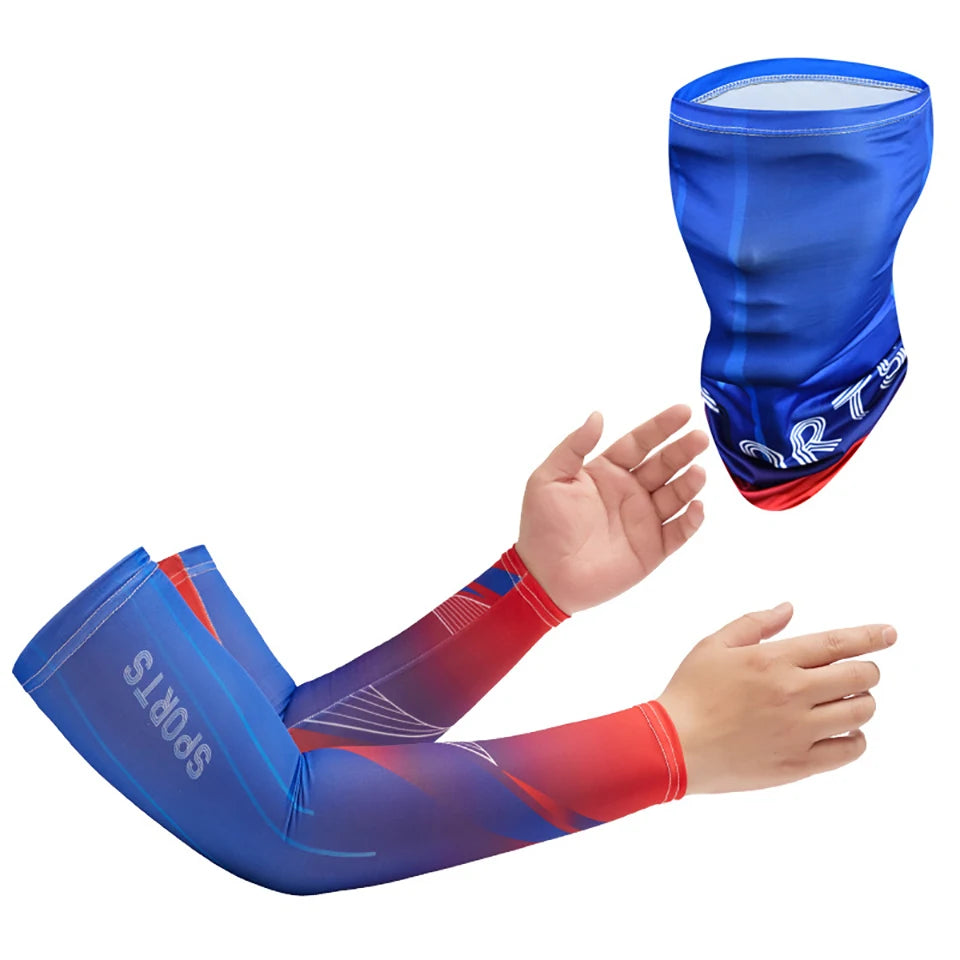 2Pcs Set Summer Ice Silk Cycling Arm Sleeves Breathable Bandana Mask Combination Suit Elastic Cold UV Sun Protection