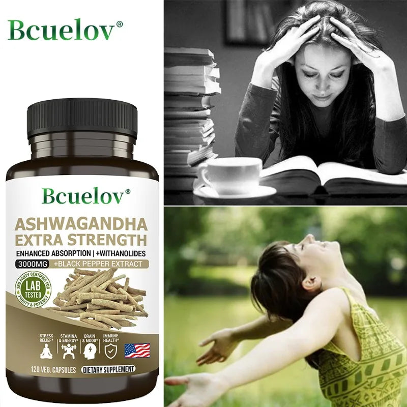 Ashwagandha Extract 3000 mg Root Anti-Stress Anxiety Supplement - Supports Better Sleep, Mood, Energy, 120 Capsules