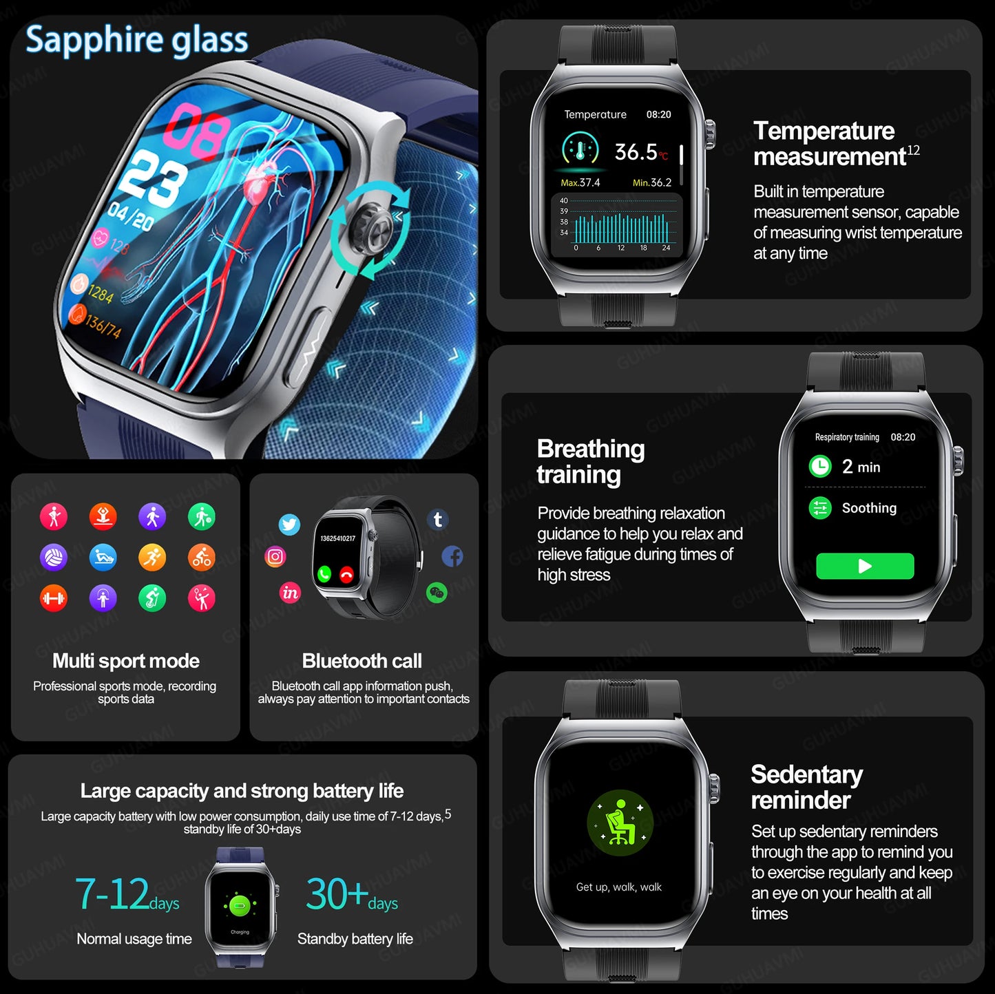 2025 NEW Nursing level ECG+PPG Precise Detection Smart Watch Air Pump Airbag Blood fat Heart Rate Health Smart watches Men Women