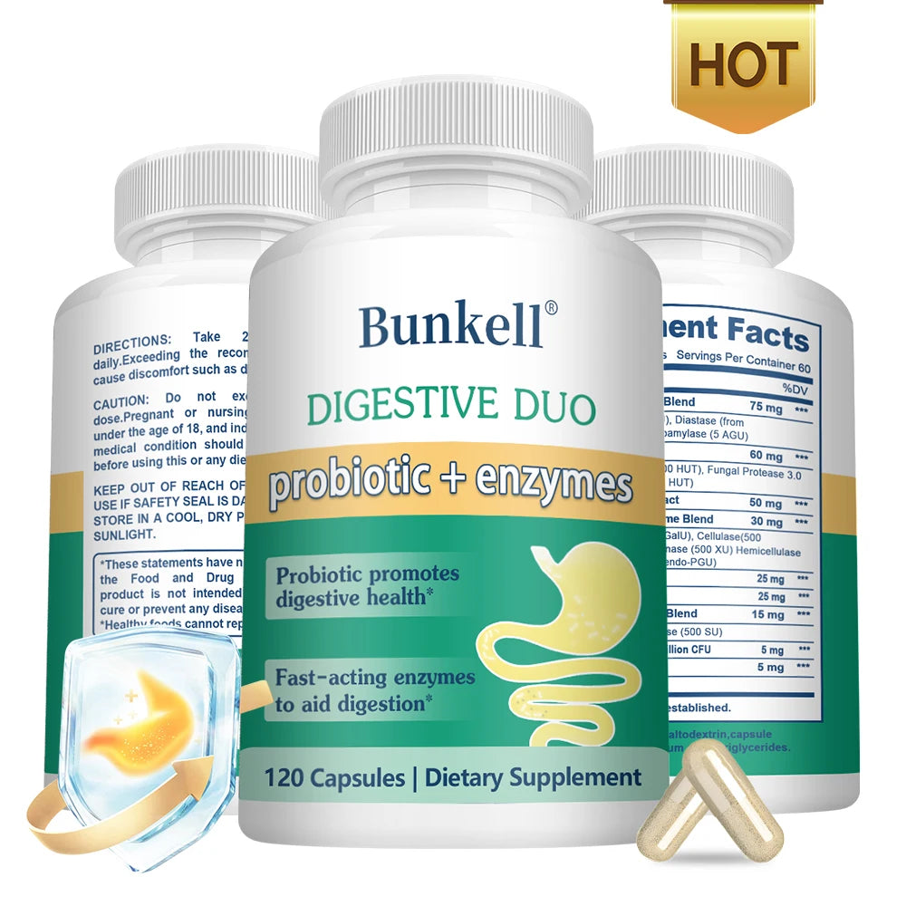 Digestive 2-in-1 Probiotics & Enzymes Vegetarian Capsules, Support Digestive Health, Fast-Acting Enzymes for Digestion, Immunity