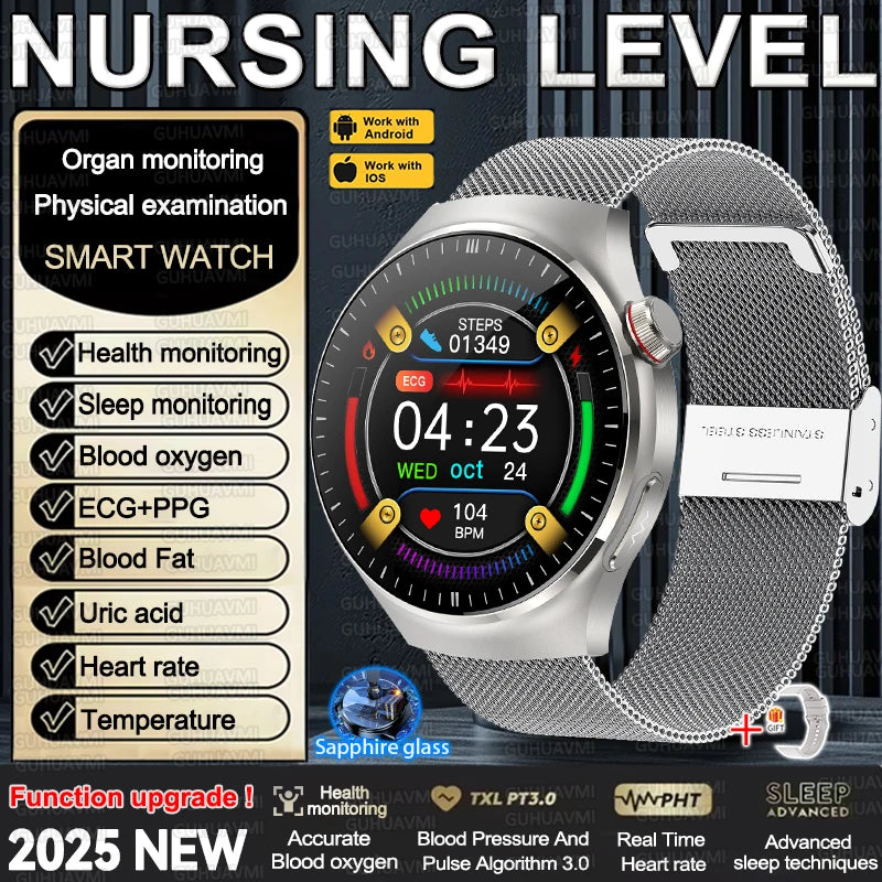 2025 New Nursing Grade Smart Watch Accurate Blood pressure Heart Rate Uric Acid ECG+PPG Bluetooth Calling Health Smart watch Men