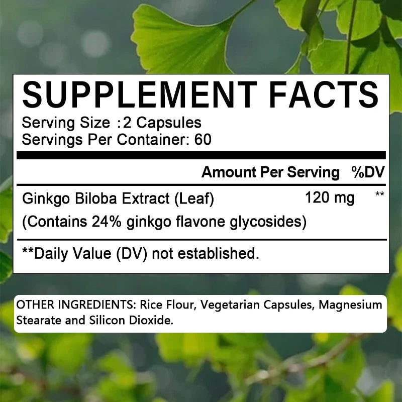 Ginkgo Extract Supplement 120 Capsules Supports Brain Function Memory Concentration Cardiovascular Health Antioxidant
