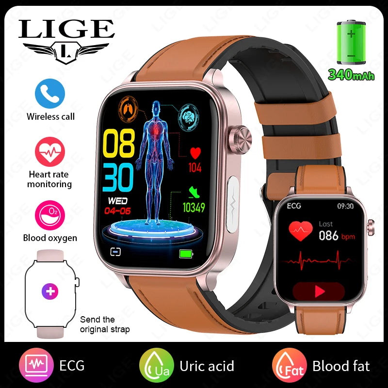 LIGE 2025 New AI Healthy Diagnosis Blood Lipid Uric Acid Blood Pressure Smart Watch Men ECG+PPG Bluetooth Call Health Smartwatch