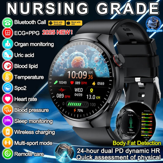 2025 New Nursing Grade Smart Watch Accurate Blood pressure Heart Rate Uric Acid ECG+PPG Bluetooth Calling Health Smart watch Men