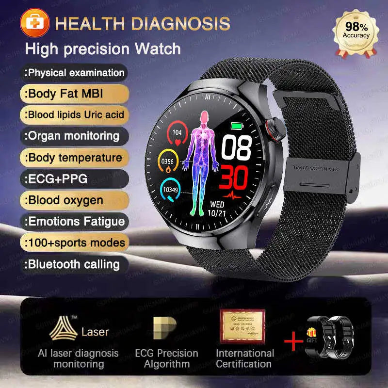 ECG+PPG Blood Pressure Blood Oxygen Blood Lipids Uric Acid Heart Rate Temperature Monitor Physical Health Diagnosis Smart Watch