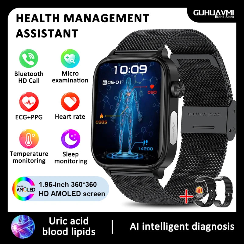 2025 New For Xiaomi Blood lipids Uric Acid testing Smart Watch Men ECG+PPG Blood Pressure SP02 Bluetooth Call Health smartwatch