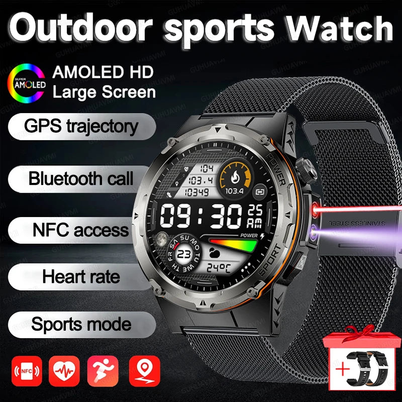 2025 New Outdoor Military Smart Watch Men GPS Trackr IP68 Waterproof 500mAH Health Monitor Bluetooth call Sports Laser Bracelet