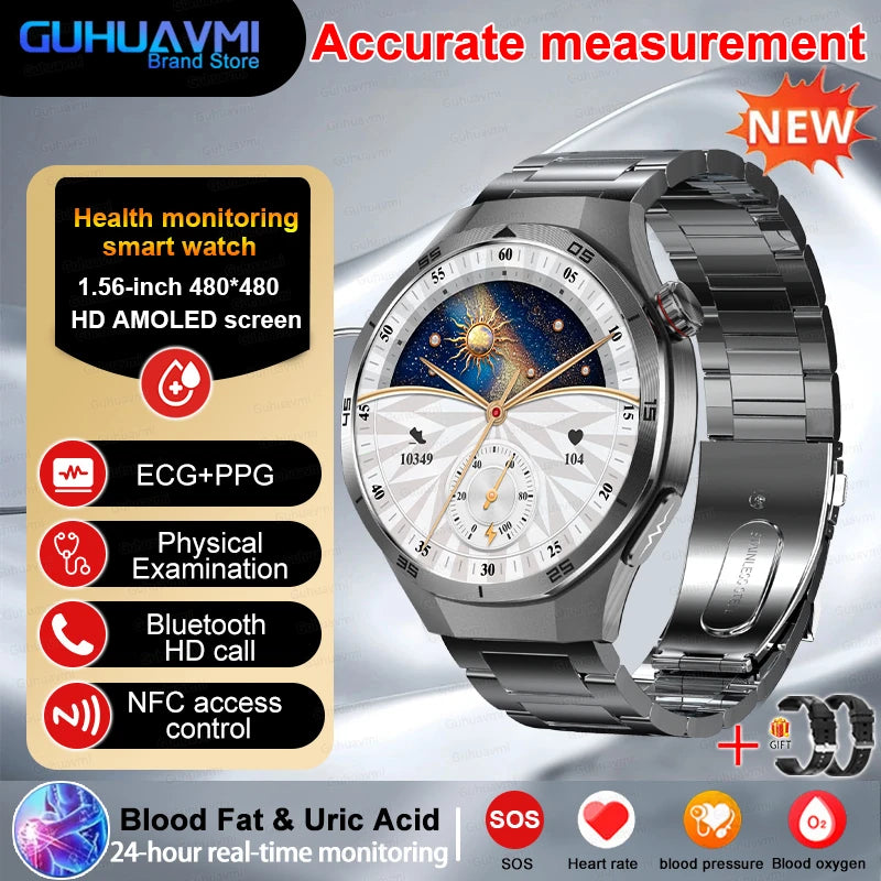 Professional Level NFC SmartWatch Blood Pressure Blood Lipid Uric Acid ECG+PPG Body Temperature Bluetooth Call Health Smartwatch
