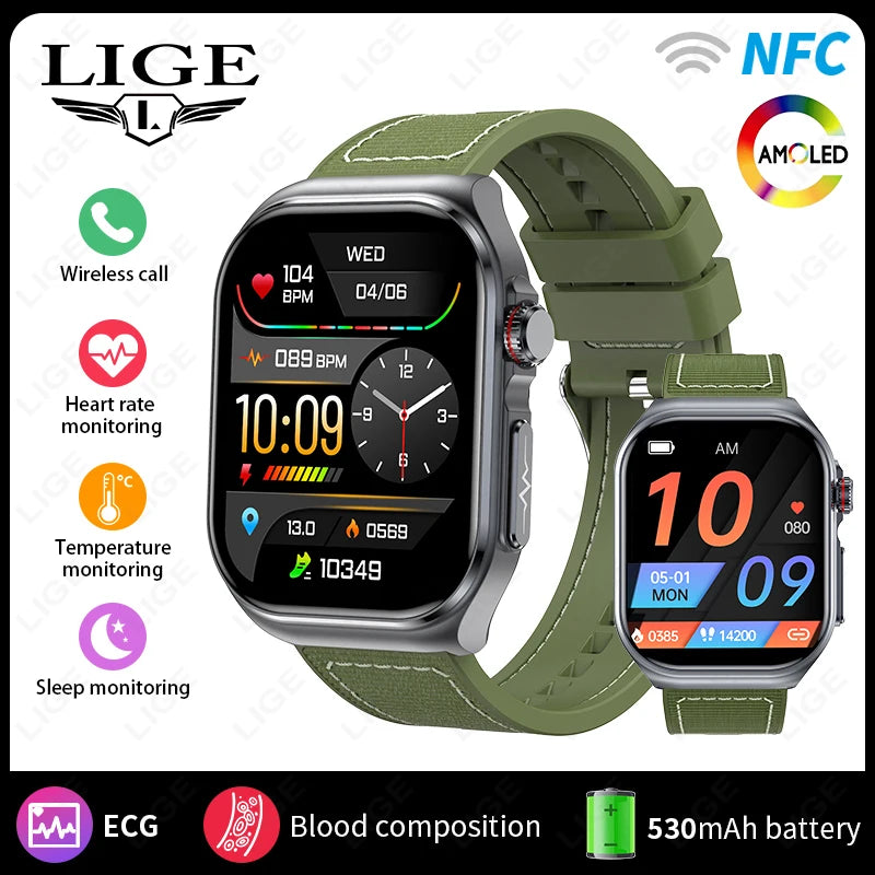 LIGE AMOLED Smart Watch ET585 Men ECG Blood Compositoin Health Monitoring Bluetooth Call Women Sports Fitness Tracker Smartwatch