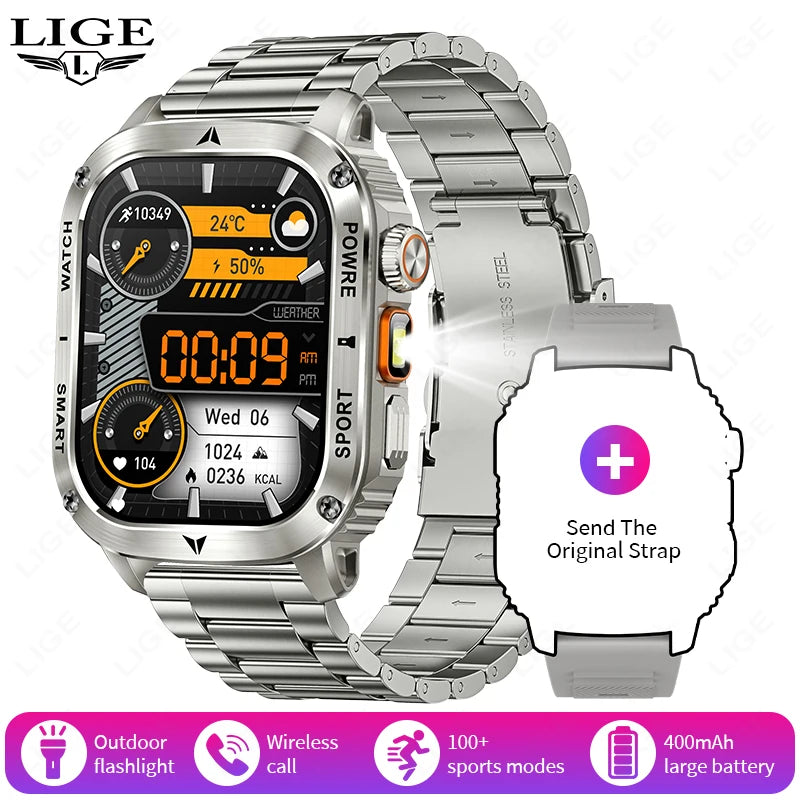 LIGE 2025 New Outdoor Flashlight Smart Watch Men 2.01” HD Screen 400mAh Bluetooth Call IP68 Waterproof Health Monitor Smartwatch