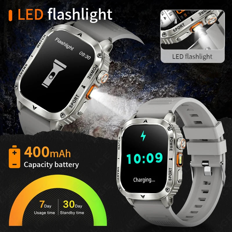 LIGE 2025 New Outdoor Flashlight Smart Watch Men 2.01” HD Screen 400mAh Bluetooth Call IP68 Waterproof Health Monitor Smartwatch