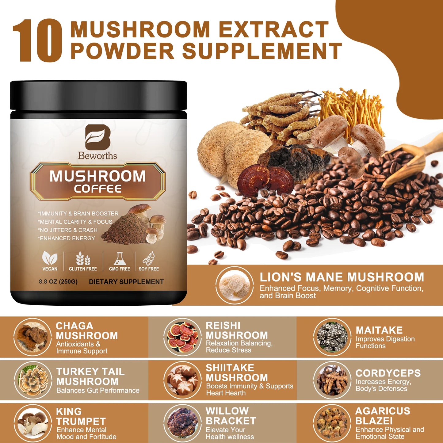 Mushroom Coffee 10 Mushroom Extract - Lion's Mane, Cordyceps, Reishi, Turkey Tail, Chaga, Maitake for energy and immune support