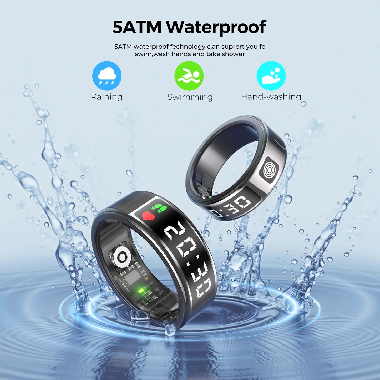 Smart Rings LED Display Screen for Heart Rate Blood Oxygen Sleep Monitoring Multi Sports Modes IP68 Waterproof Ring for Women