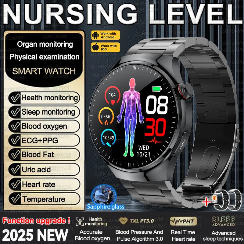 2025 New Nursing Grade Smart Watch Accurate Blood pressure Heart Rate Uric Acid ECG+PPG Bluetooth Calling Health Smart watch Men