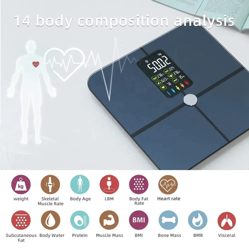 Digital Body Fat Scales, Human Body Scale, Smart TFT Color Screen, Heart Rate, Precise and Professional Smart body Weight Scale