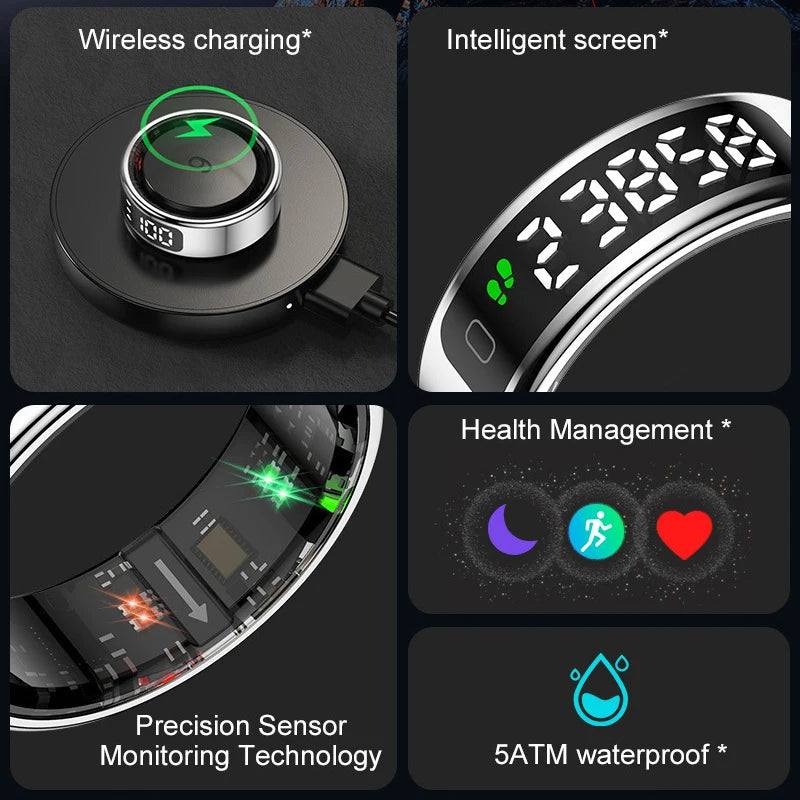 New R12 Smart Ring with Display Screen Touch Health Manager Wireless Charge Multi Sports Modes 5 ATM Waterproof For Men Women
