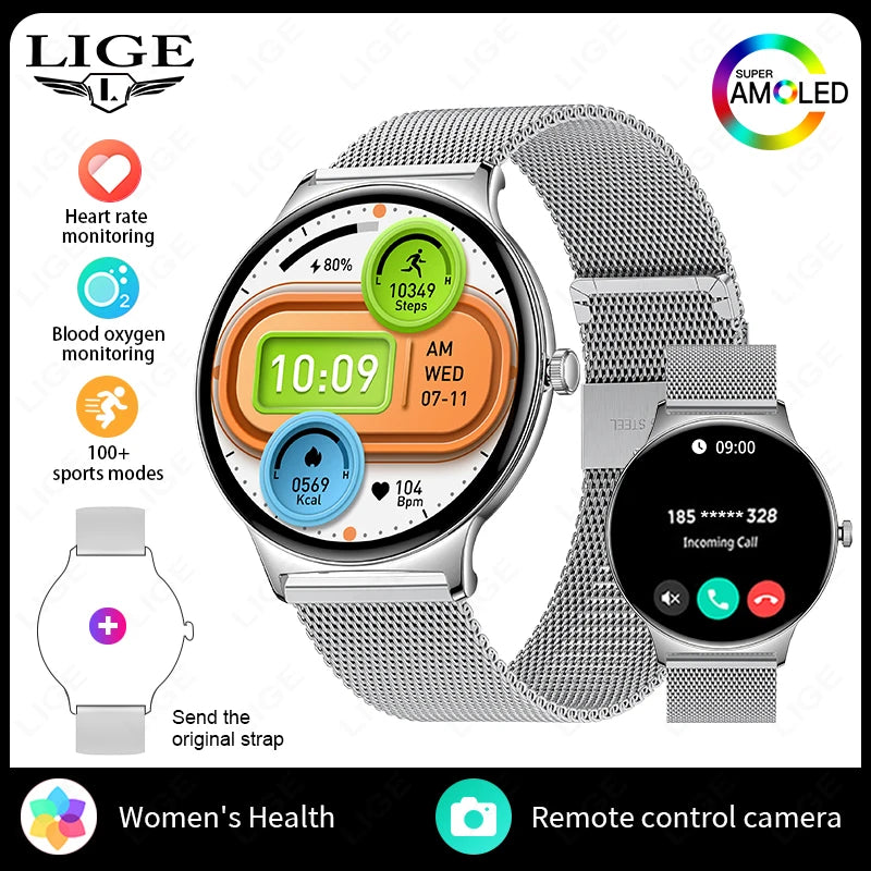 LIGE 2025 New Women Smart Watch Amoled Screen Sport Fitness Watches BT Call Digital Smartwatch mujer Ultra Thin Wristwatch Woman